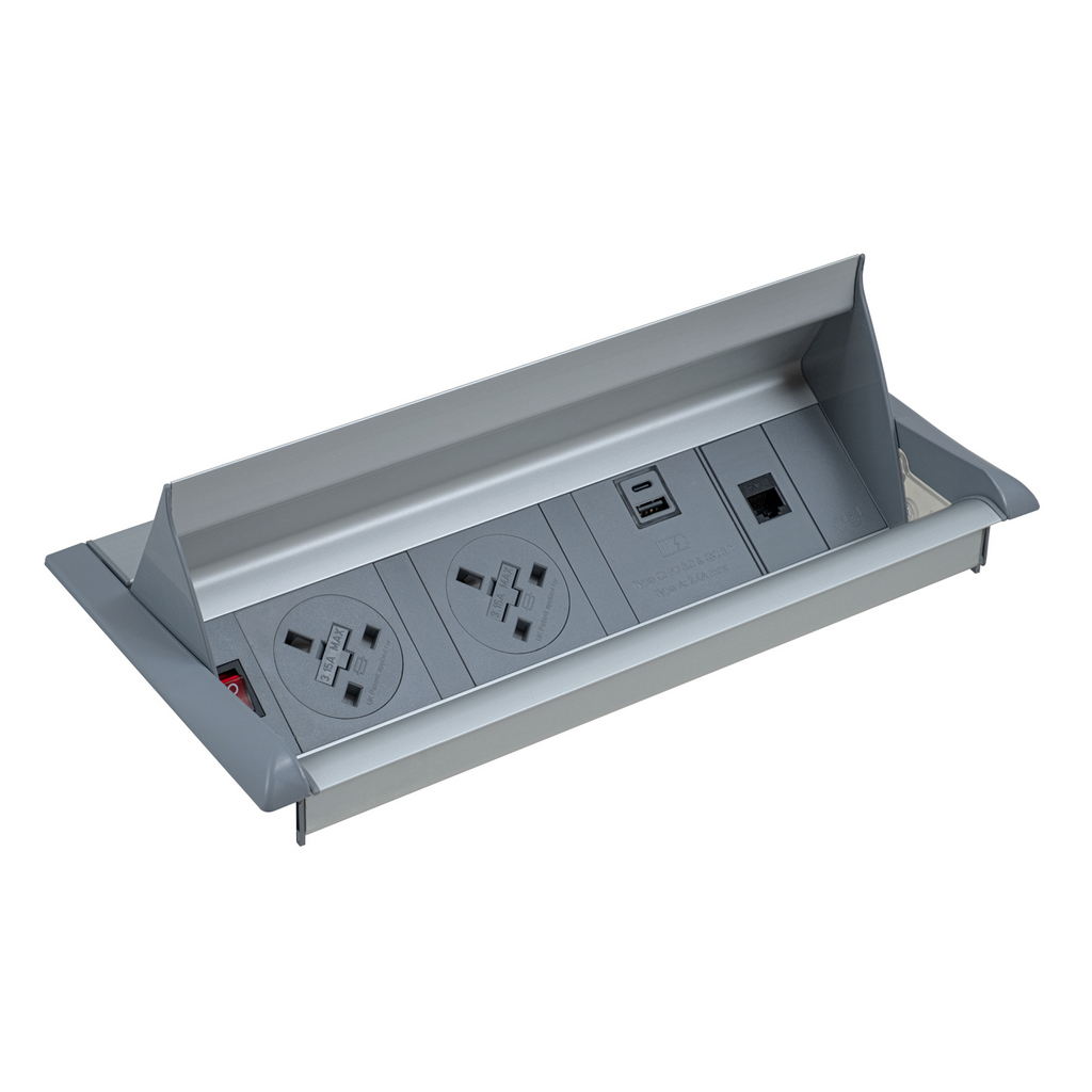 Picture of Aero fliptop in-table power module  x UK sockets, 1 x RJ45 socket, 1 x twin USB fast charge - grey/silver