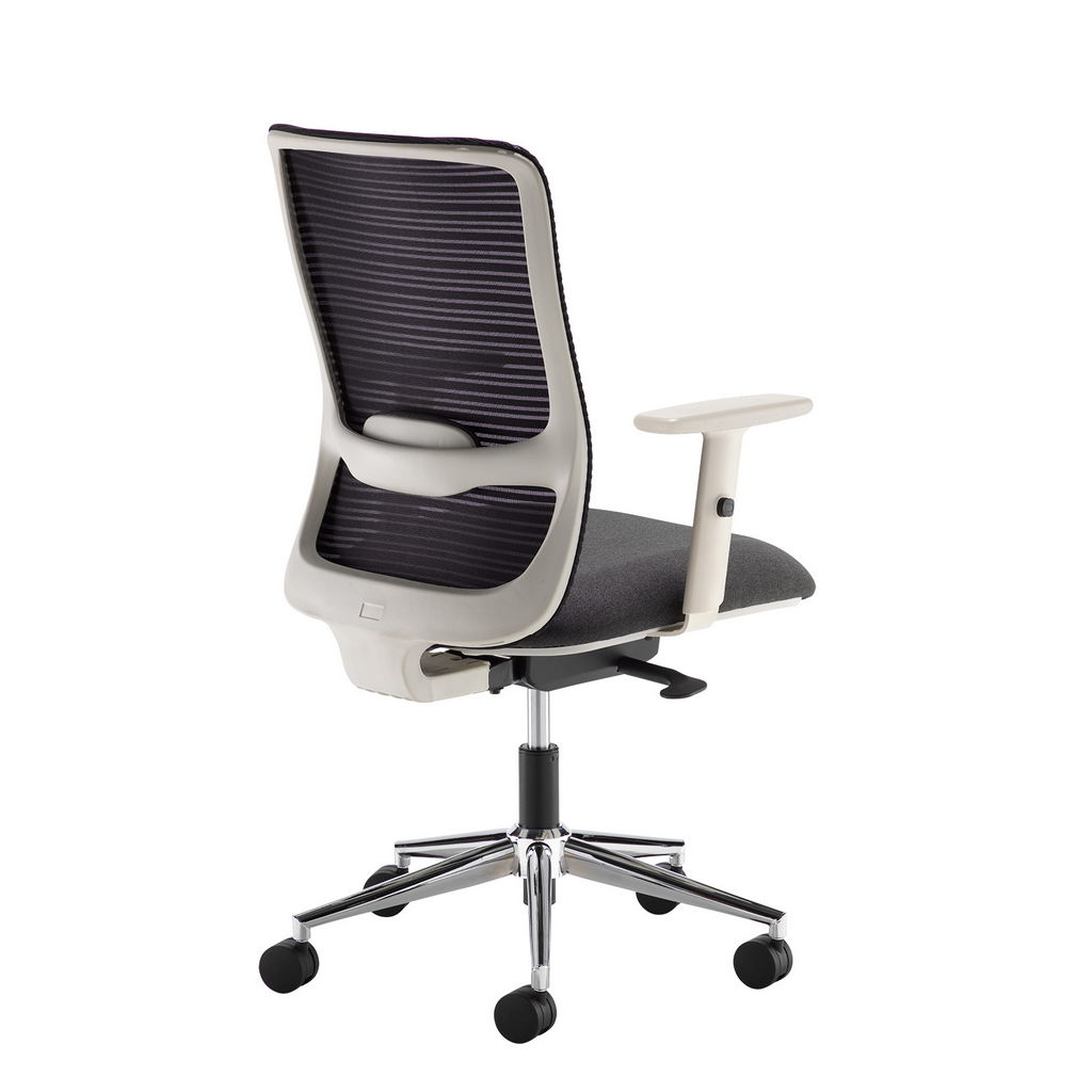 Picture of Arcade black mesh back operator chair with grey fabric seat, light grey frame and chrome base