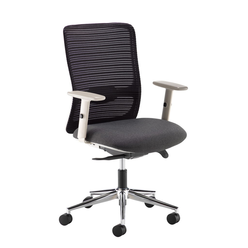 Picture of Arcade black mesh back operator chair with grey fabric seat, light grey frame and chrome base