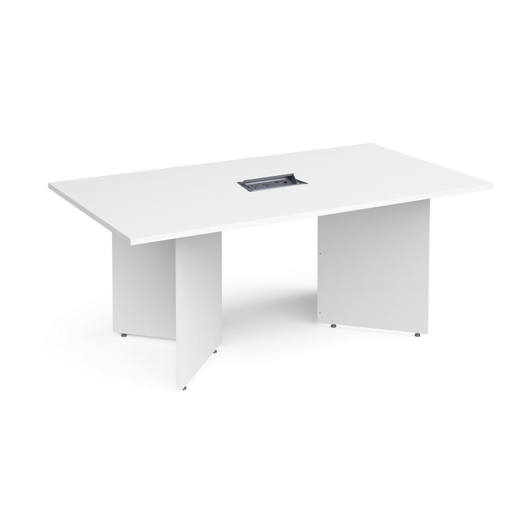 Picture of Arrow head leg rectangular boardroom table 1800mm x 1000mm in white with central cutout and Aero power module