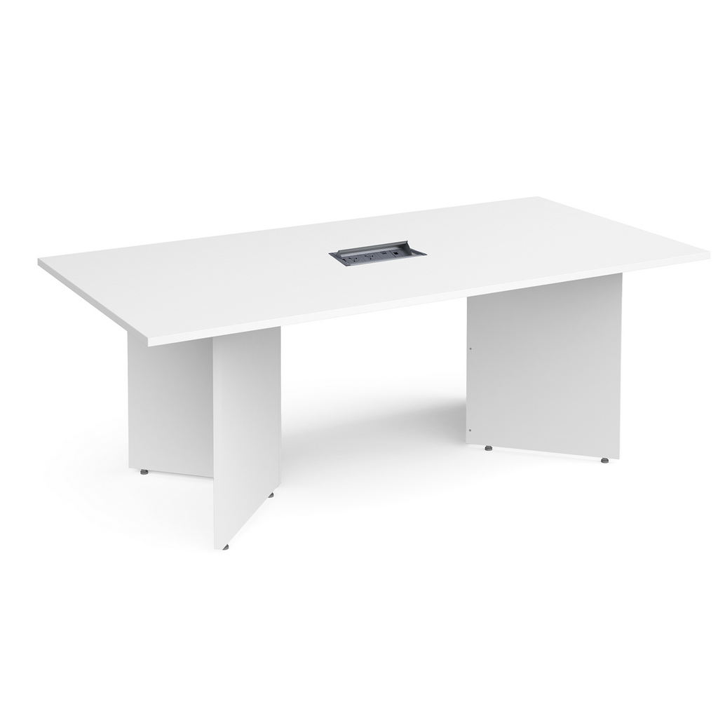 Picture of Arrow head leg rectangular boardroom table 2000mm x 1000mm in white with central cutout and Aero power module
