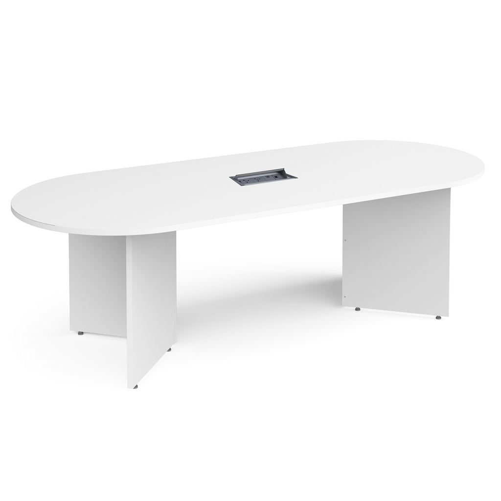 Picture of Arrow head leg radial end boardroom table 2400mm x 1000mm in white with central cutout and Aero power module