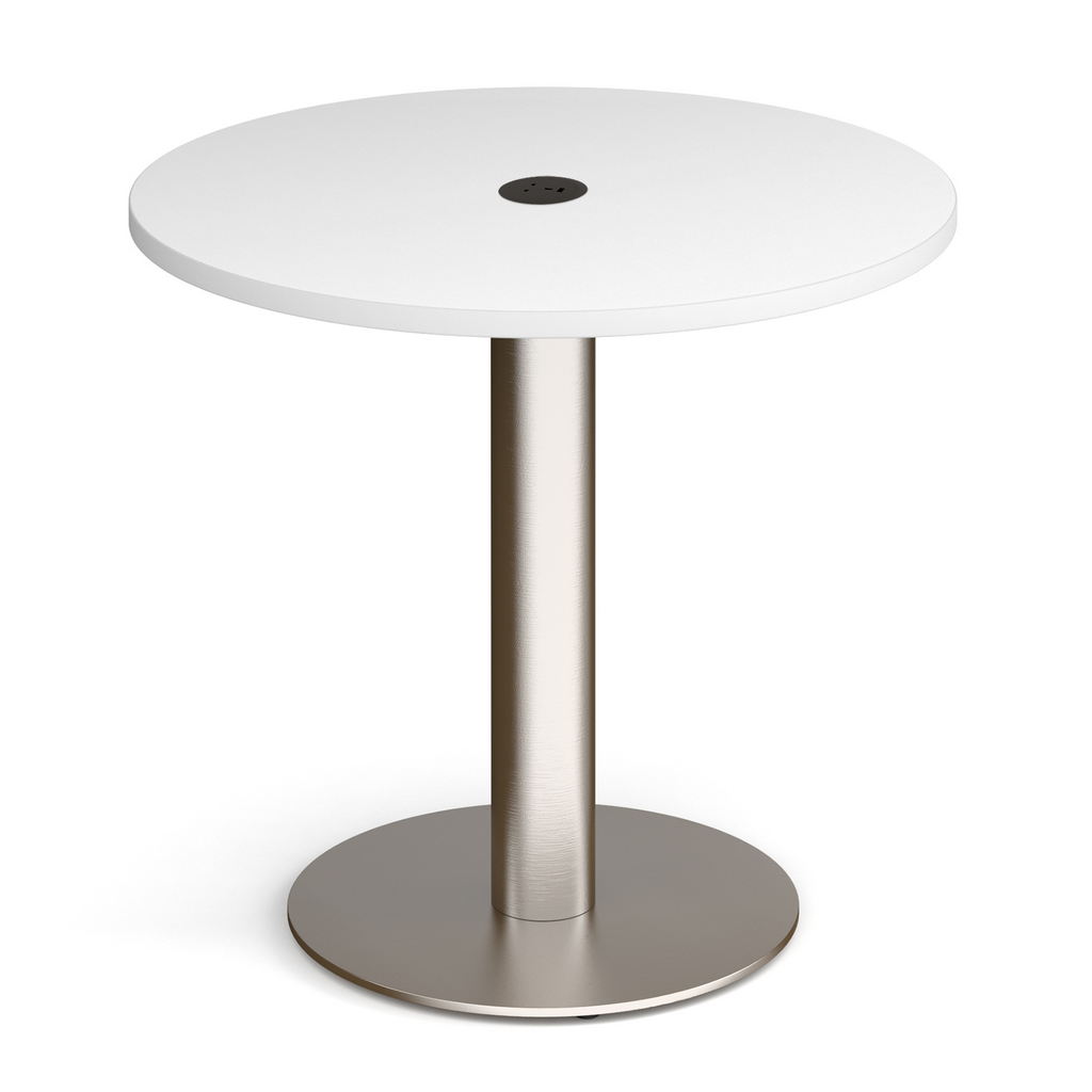 Picture of Monza circular dining table 800mm in white with central circular cutout and Ion power module in black