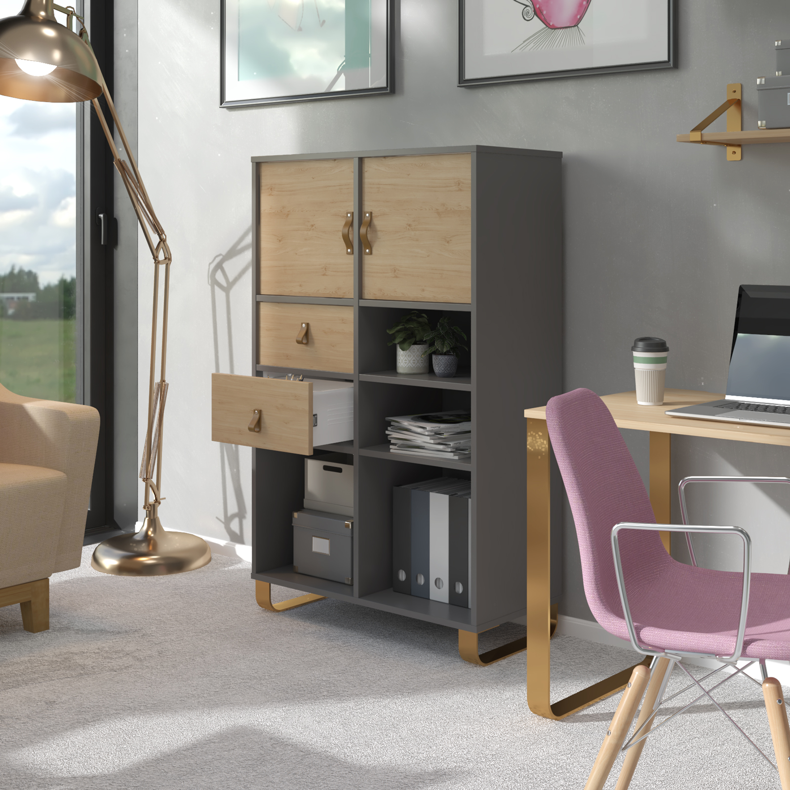 Picture of Cairo cube storage unit 950mm high with 4 open boxes and sleigh frame legs - white