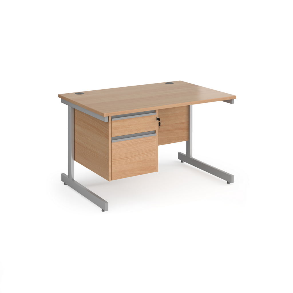 Picture of Contract 25 straight desk with 2 drawer pedestal and silver cantilever leg 1200mm x 800mm - beech top