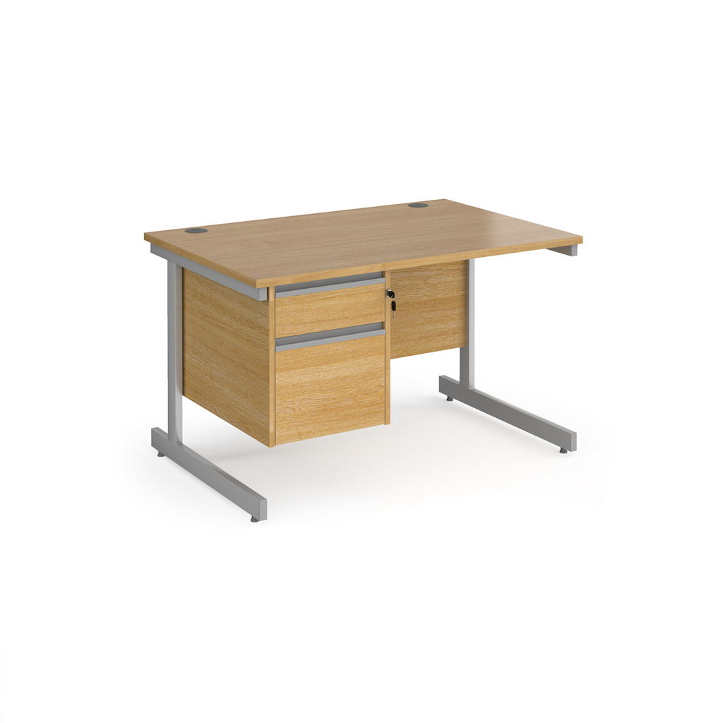 Picture of Contract 25 straight desk with 2 drawer pedestal and silver cantilever leg 1200mm x 800mm - oak top