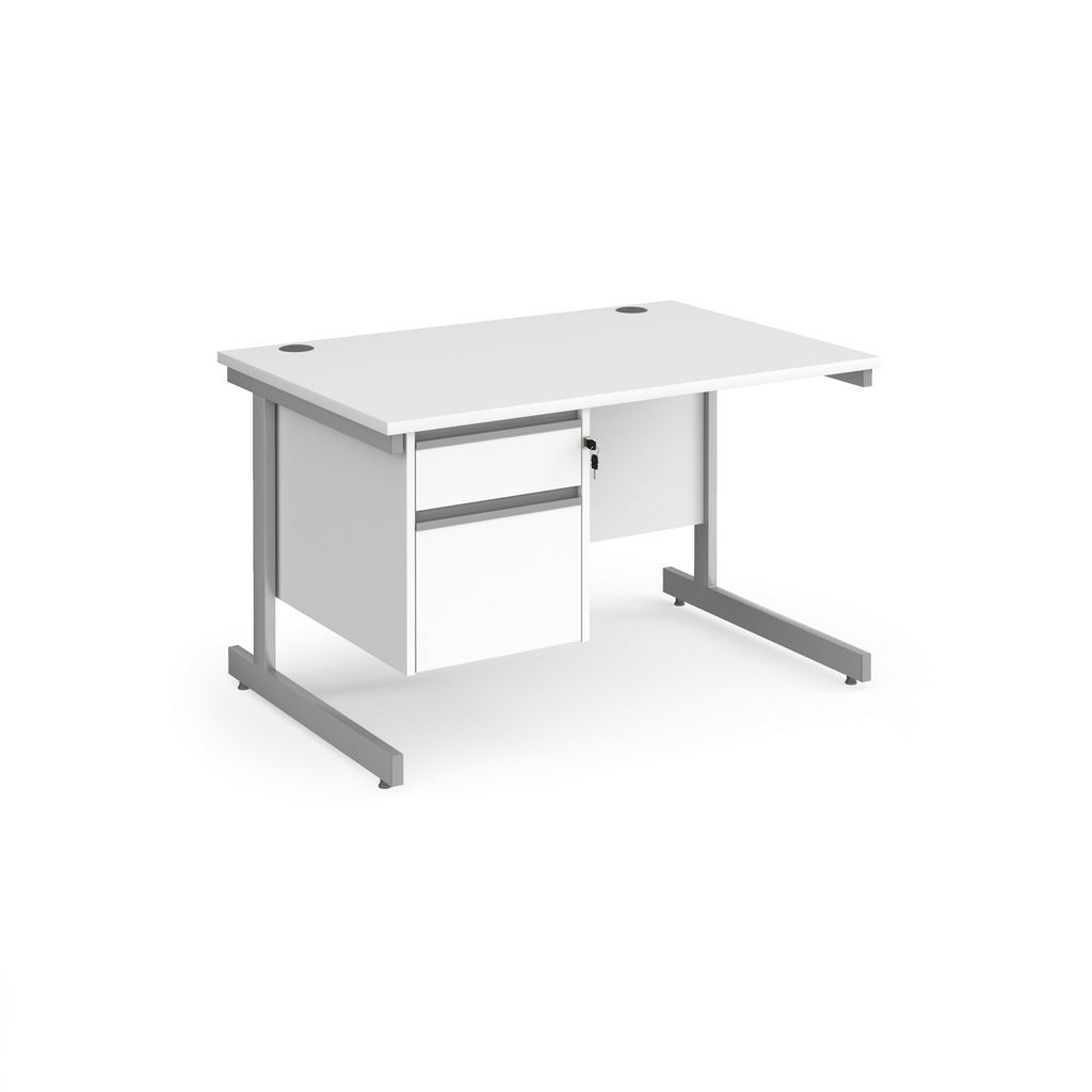 Picture of Contract 25 straight desk with 2 drawer pedestal and silver cantilever leg 1200mm x 800mm - white top