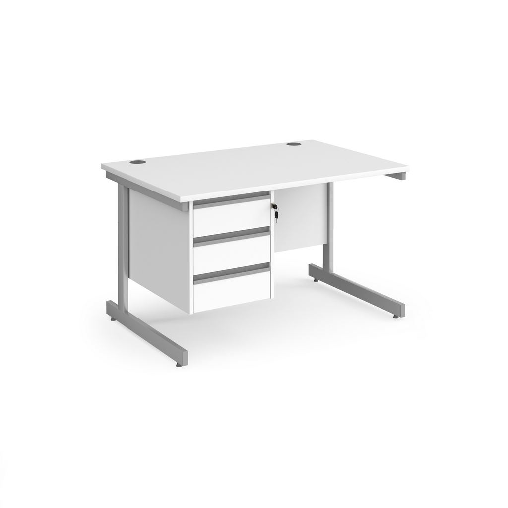 Picture of Contract 25 straight desk with 3 drawer pedestal and silver cantilever leg 1200mm x 800mm - white top