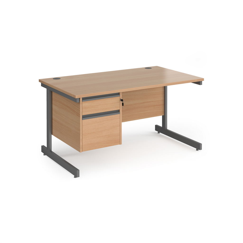 Picture of Contract 25 straight desk with 2 drawer pedestal and graphite cantilever leg 1400mm x 800mm - beech top