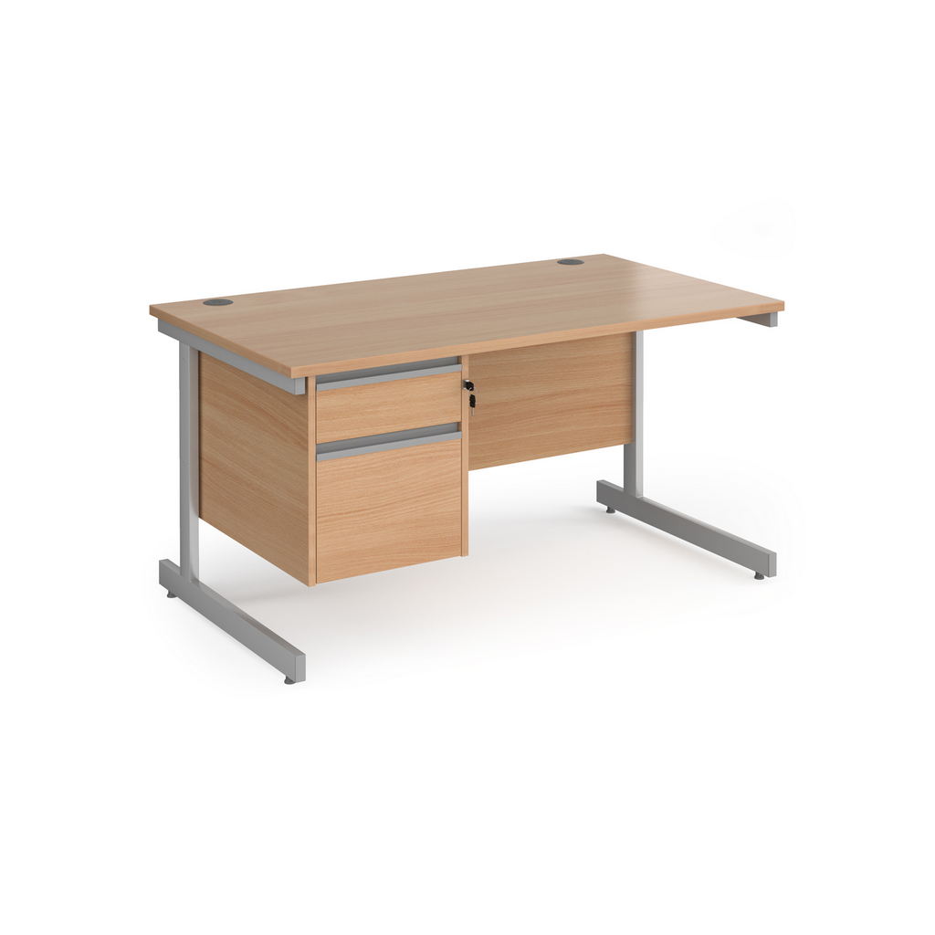 Picture of Contract 25 straight desk with 2 drawer pedestal and silver cantilever leg 1400mm x 800mm - beech top