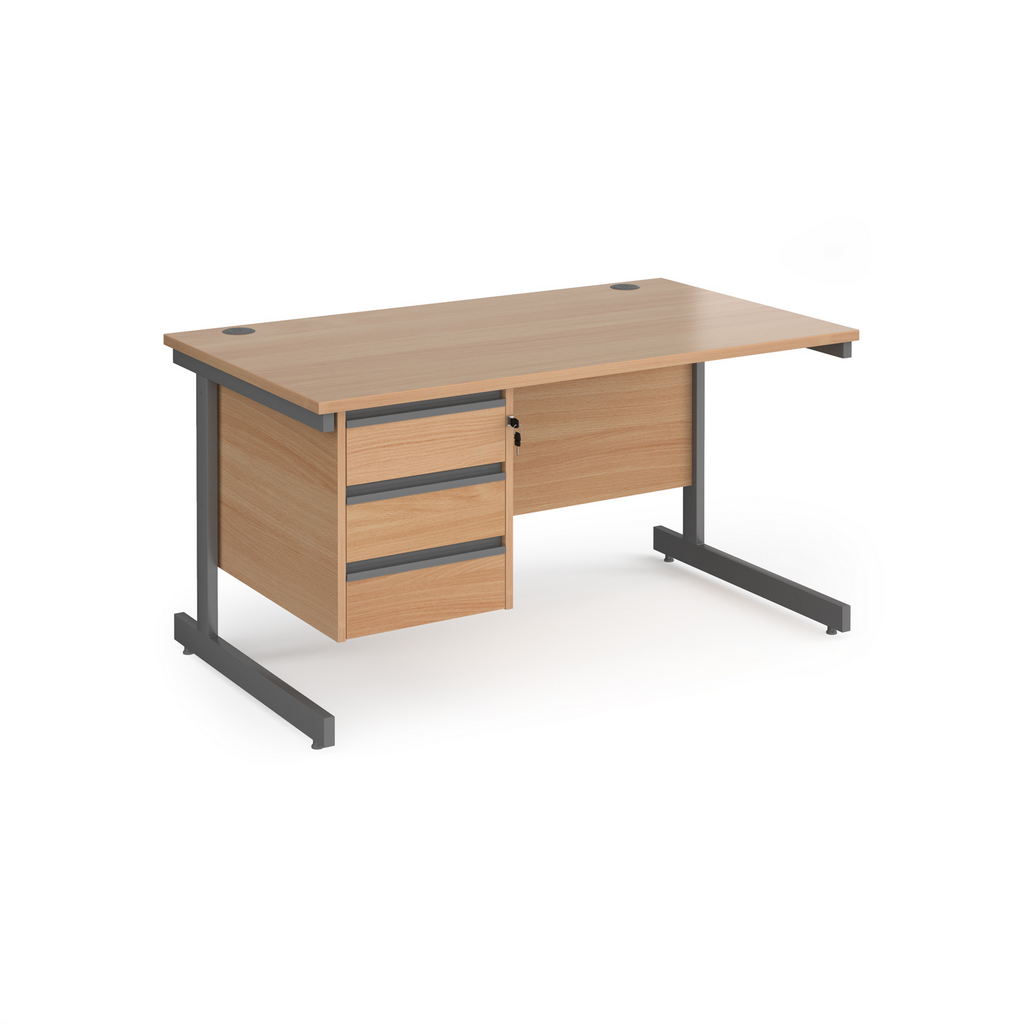 Picture of Contract 25 straight desk with 3 drawer pedestal and graphite cantilever leg 1400mm x 800mm - beech top