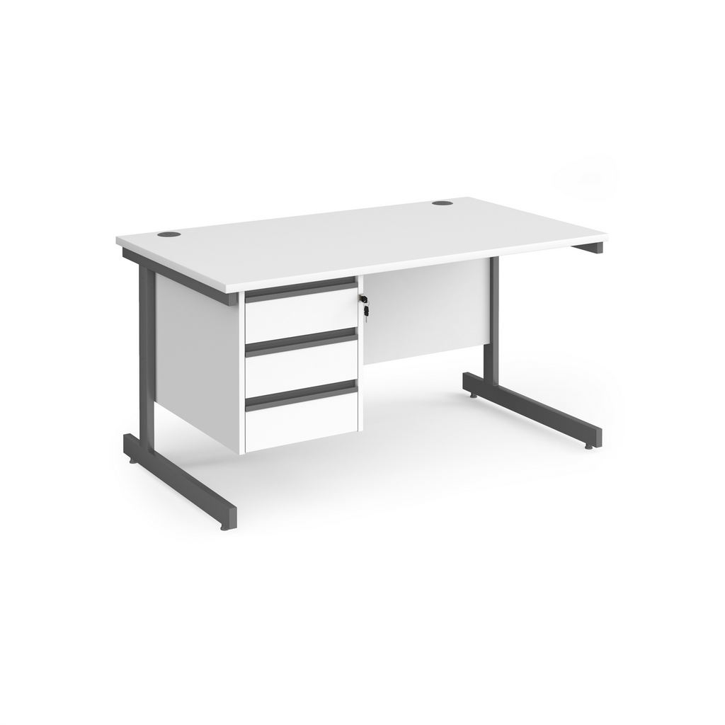 Picture of Contract 25 straight desk with 3 drawer pedestal and graphite cantilever leg 1400mm x 800mm - white top