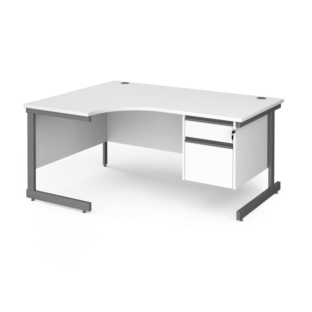 Picture of Contract 25 left hand ergonomic desk with 2 drawer pedestal and graphite cantilever leg 1600mm - white top