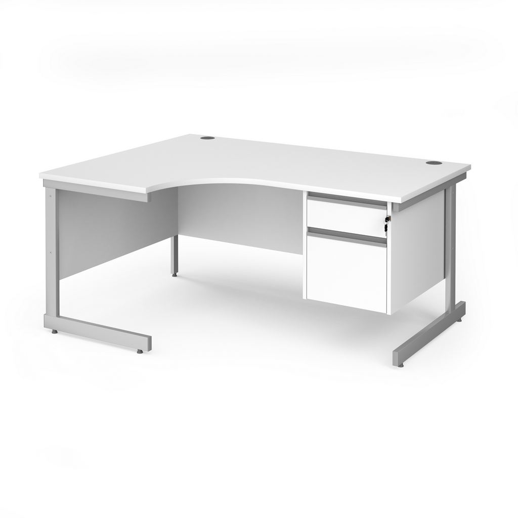 Picture of Contract 25 left hand ergonomic desk with 2 drawer pedestal and silver cantilever leg 1600mm - white top