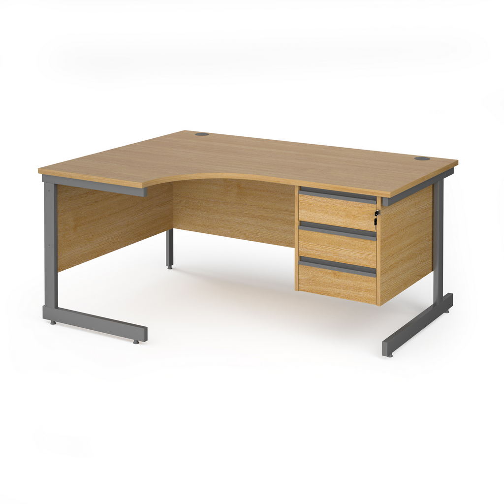 Picture of Contract 25 left hand ergonomic desk with 3 drawer pedestal and graphite cantilever leg 1600mm - oak top