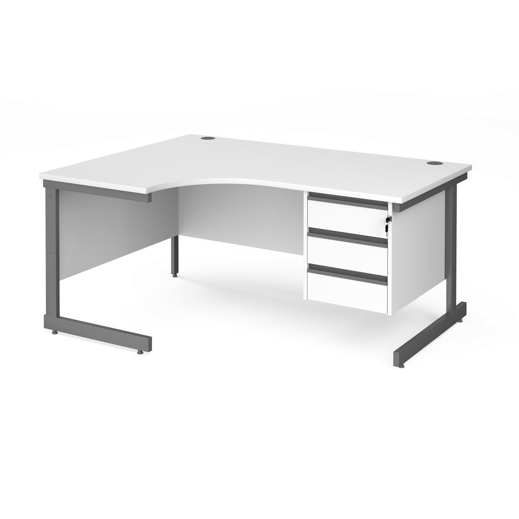 Picture of Contract 25 left hand ergonomic desk with 3 drawer pedestal and graphite cantilever leg 1600mm - white top