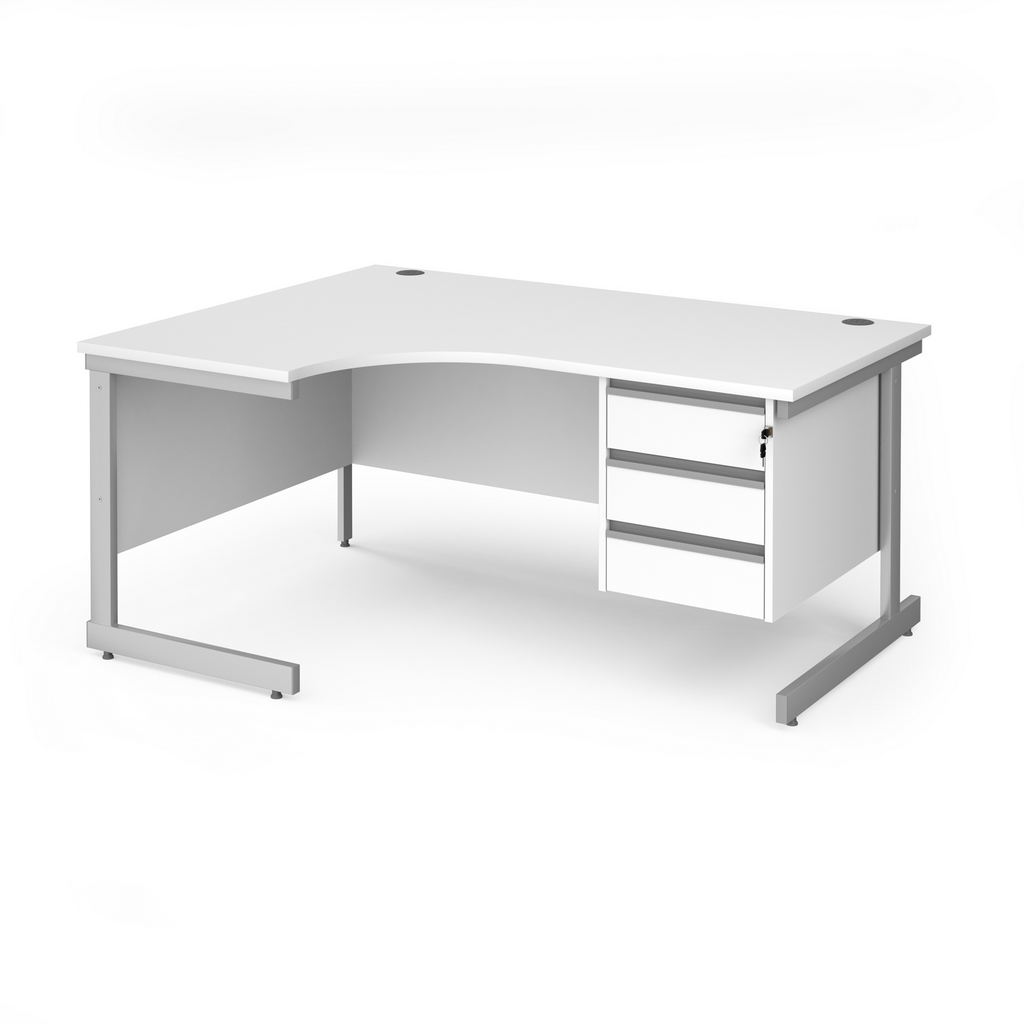 Picture of Contract 25 left hand ergonomic desk with 3 drawer pedestal and silver cantilever leg 1600mm - white top