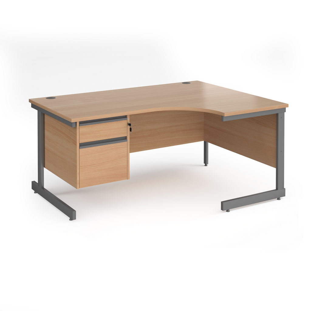 Picture of Contract 25 right hand ergonomic desk with 2 drawer pedestal and graphite cantilever leg 1600mm - beech top