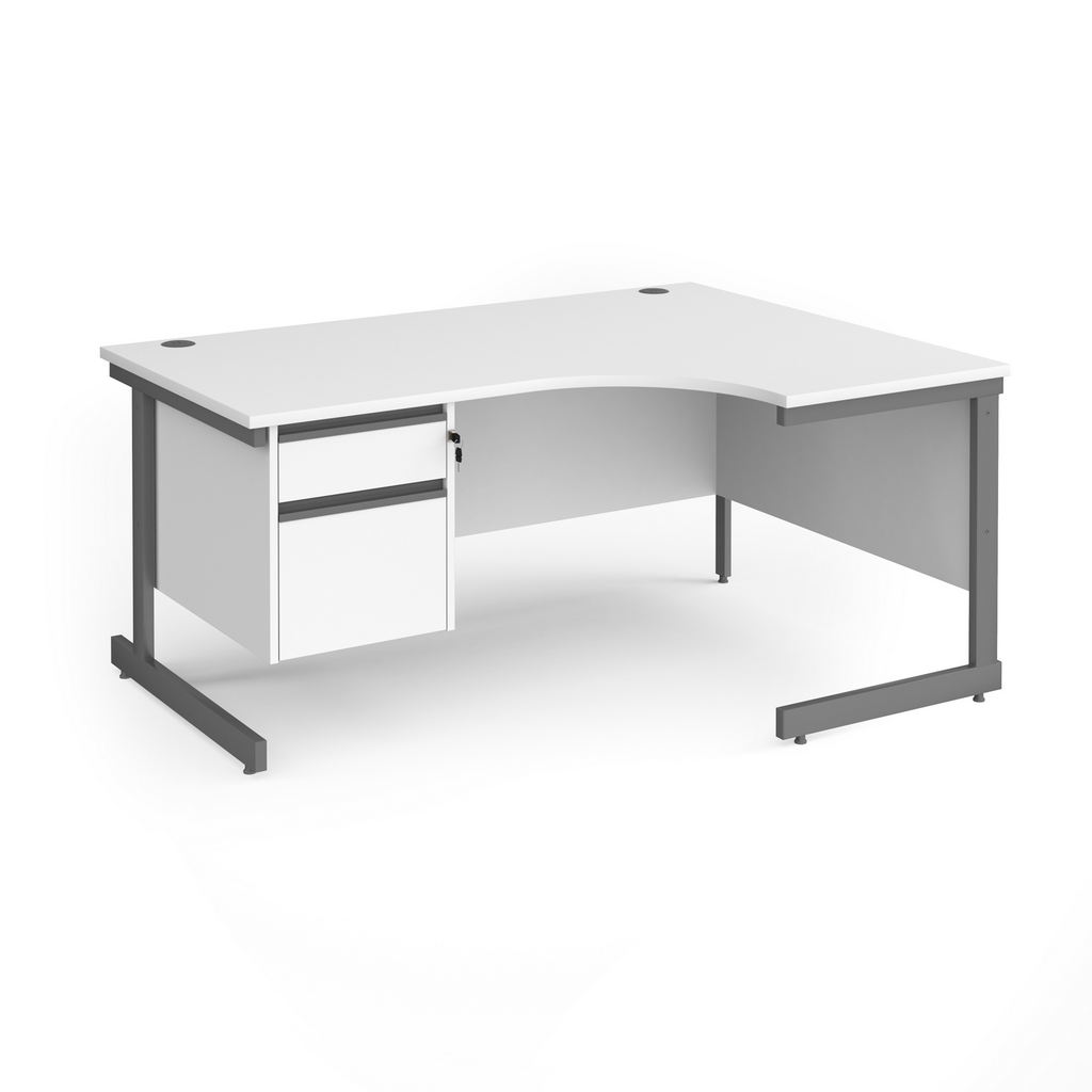 Picture of Contract 25 right hand ergonomic desk with 2 drawer pedestal and graphite cantilever leg 1600mm - white top