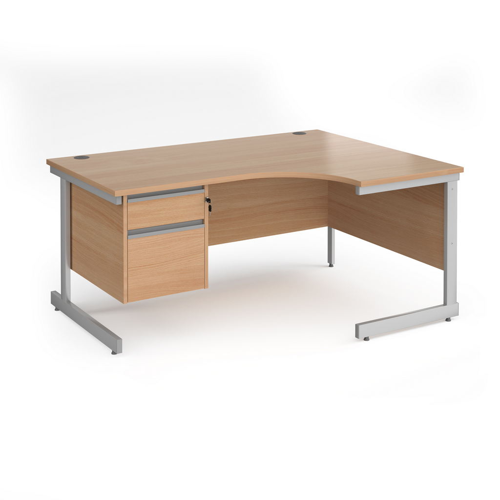 Picture of Contract 25 right hand ergonomic desk with 2 drawer pedestal and silver cantilever leg 1600mm - beech top