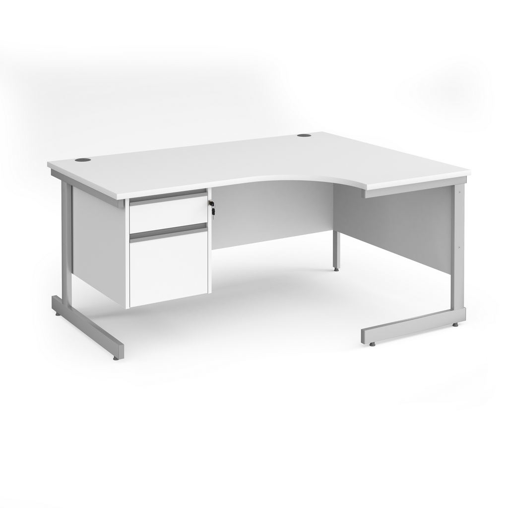 Picture of Contract 25 right hand ergonomic desk with 2 drawer pedestal and silver cantilever leg 1600mm - white top