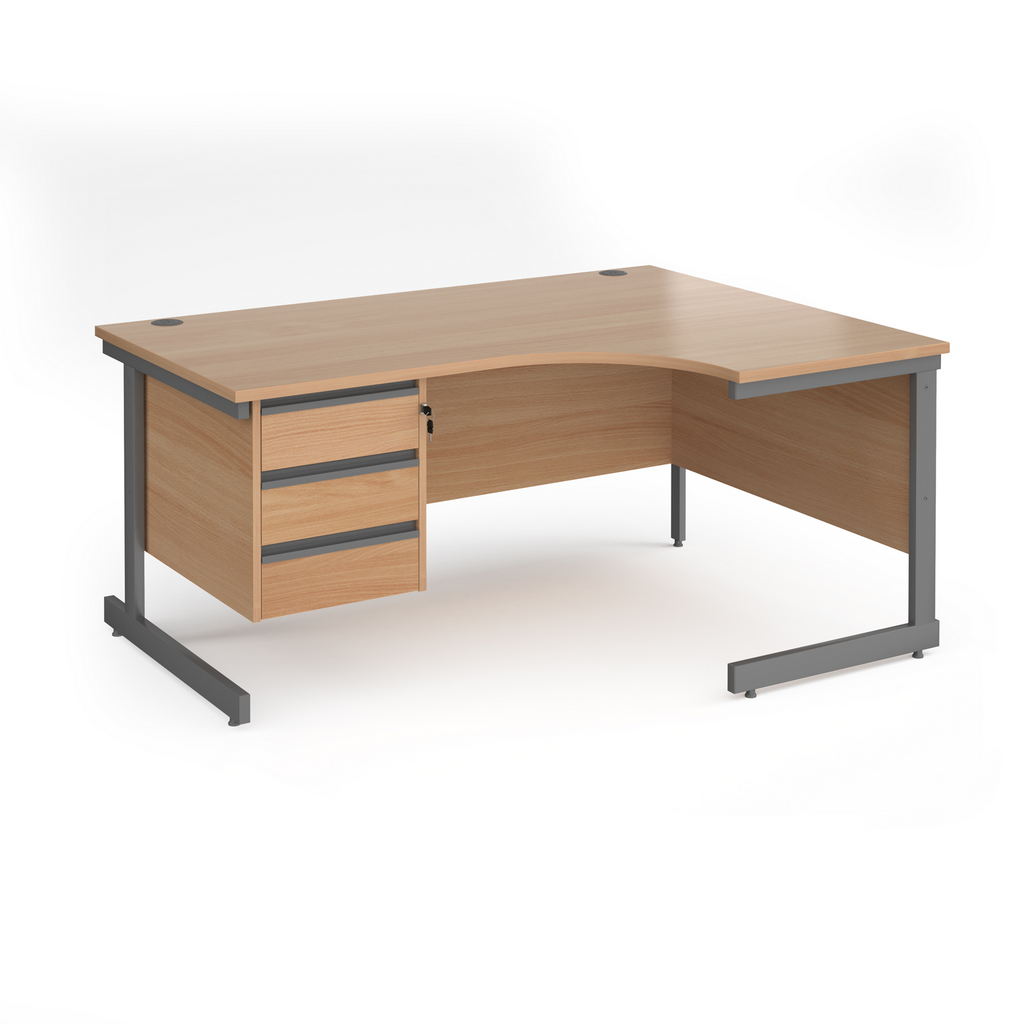 Picture of Contract 25 right hand ergonomic desk with 3 drawer pedestal and graphite cantilever leg 1600mm - beech top