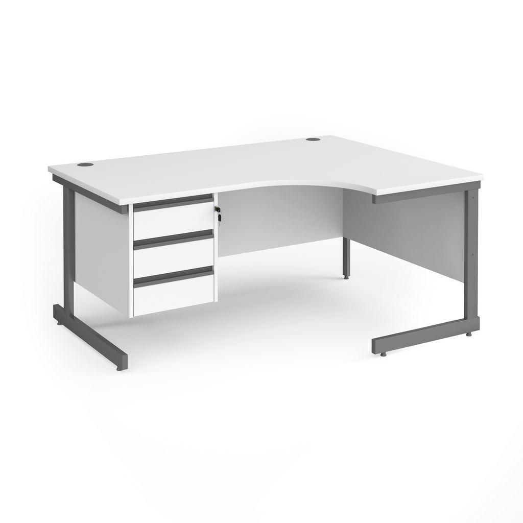 Picture of Contract 25 right hand ergonomic desk with 3 drawer pedestal and graphite cantilever leg 1600mm - white top