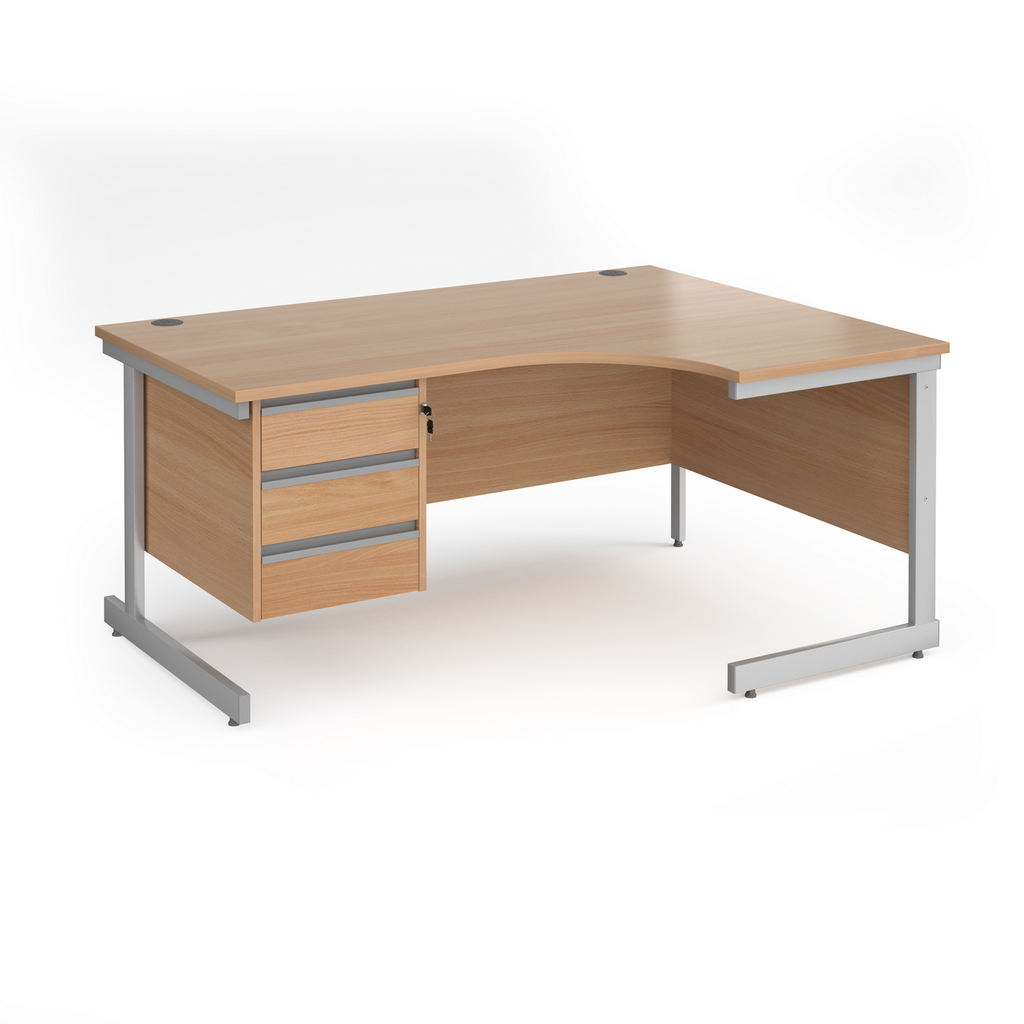 Picture of Contract 25 right hand ergonomic desk with 3 drawer pedestal and silver cantilever leg 1600mm - beech top