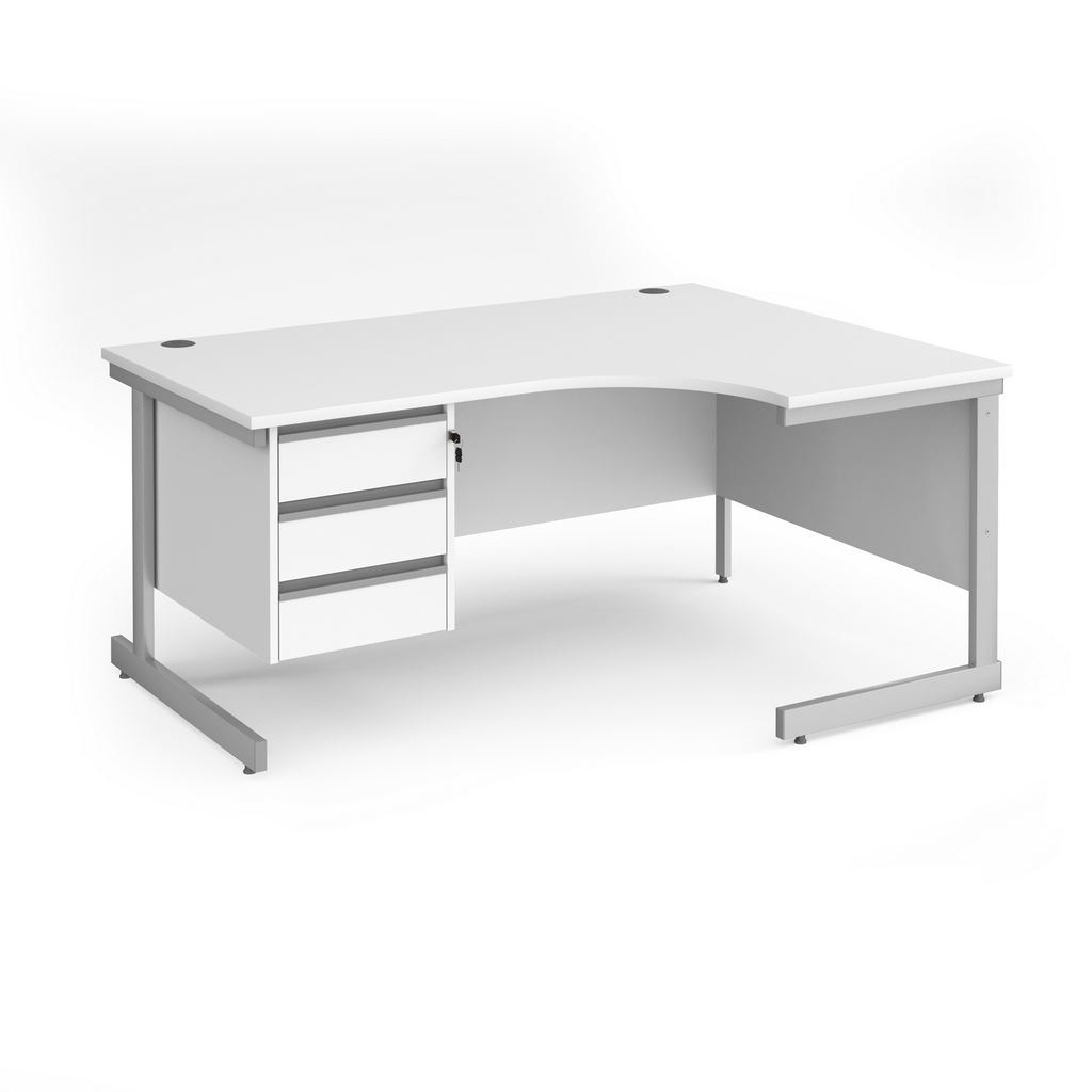 Picture of Contract 25 right hand ergonomic desk with 3 drawer pedestal and silver cantilever leg 1600mm - white top