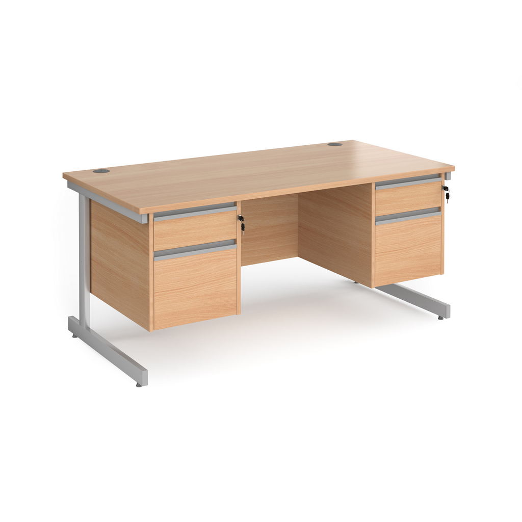 Picture of Contract 25 straight desk with 2 and 2 drawer pedestals and silver cantilever leg 1600mm x 800mm - beech top