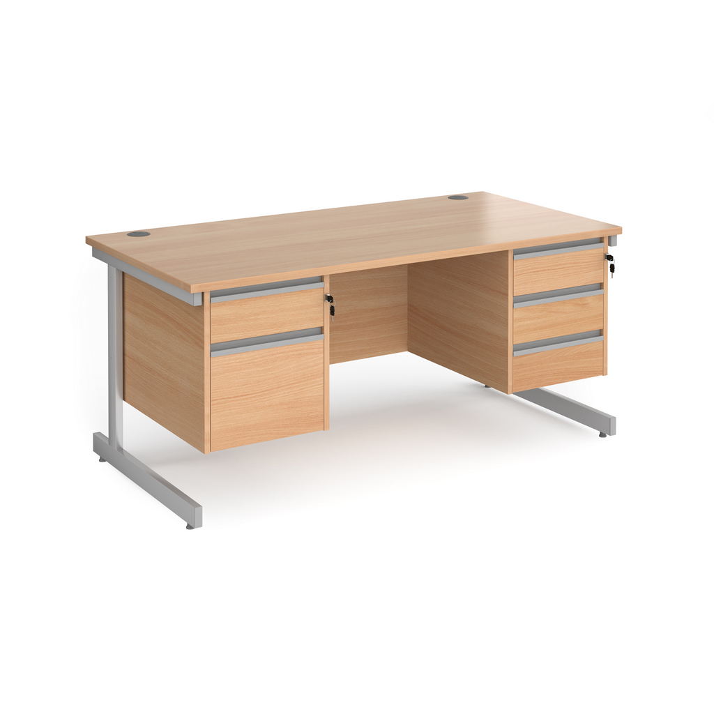 Picture of Contract 25 straight desk with 2 and 3 drawer pedestals and silver cantilever leg 1600mm x 800mm - beech top