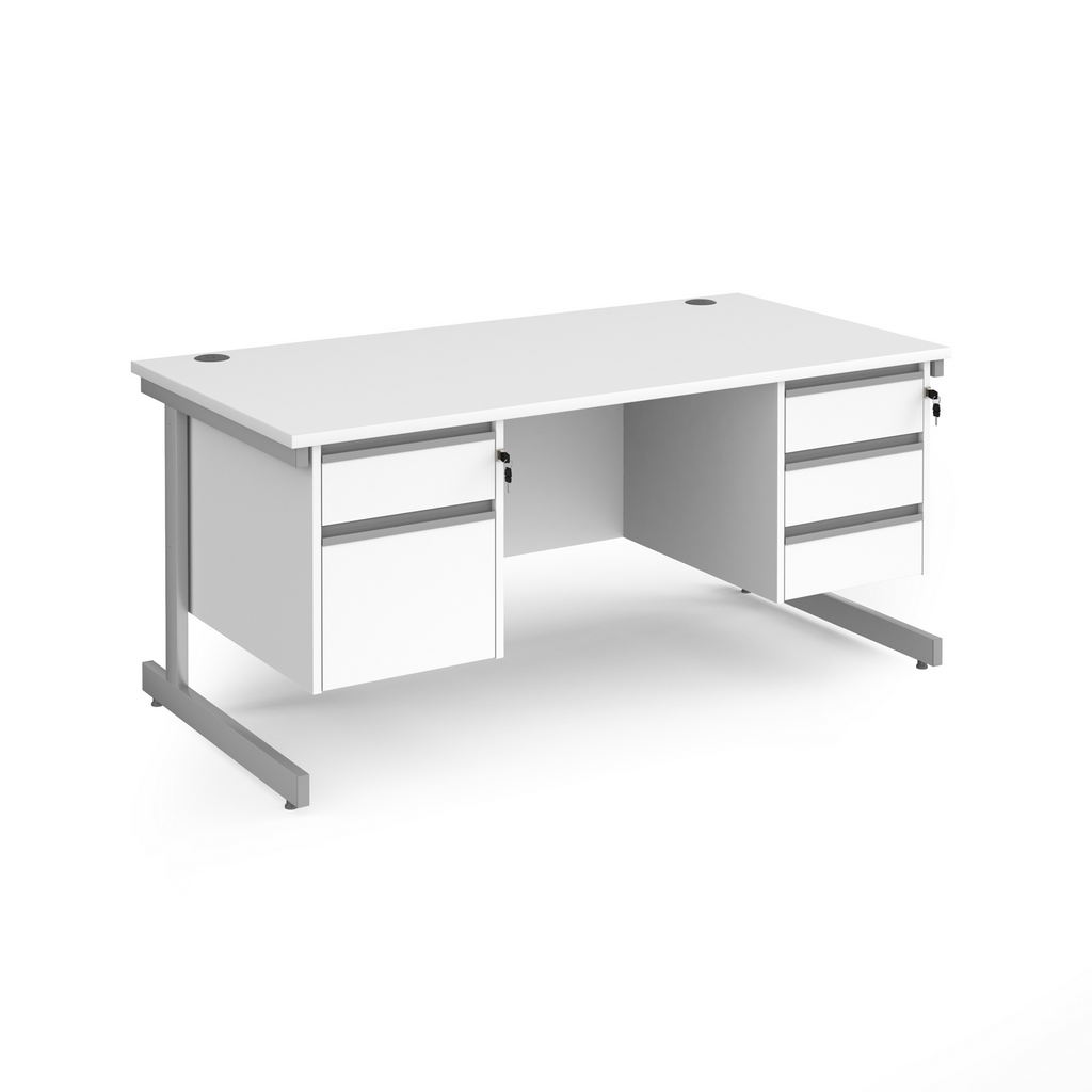 Picture of Contract 25 straight desk with 2 and 3 drawer pedestals and silver cantilever leg 1600mm x 800mm - white top