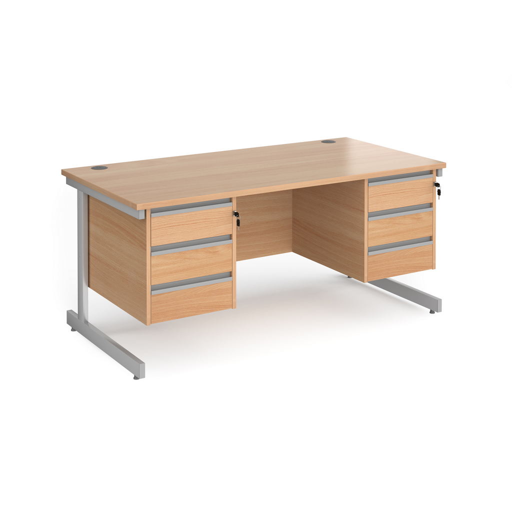 Picture of Contract 25 straight desk with 3 and 3 drawer pedestals and silver cantilever leg 1600mm x 800mm - beech top