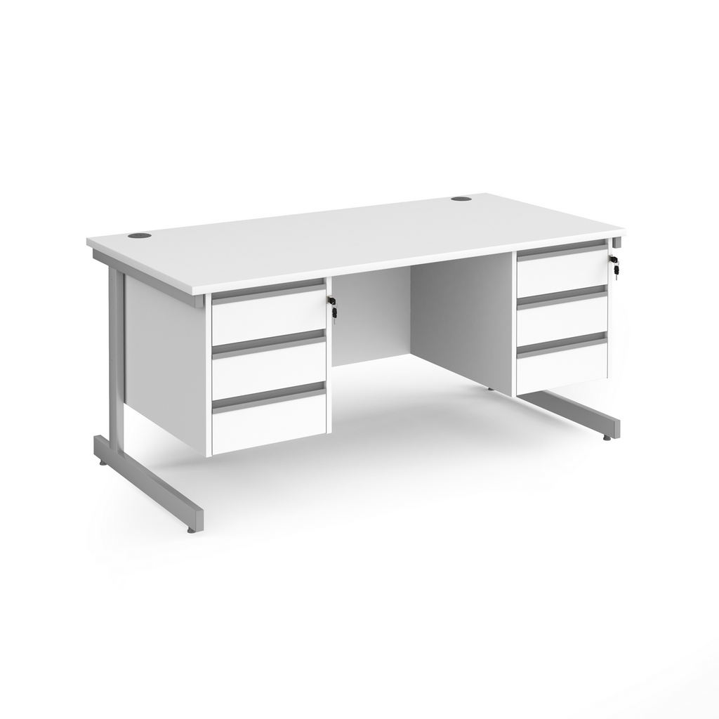 Picture of Contract 25 straight desk with 3 and 3 drawer pedestals and silver cantilever leg 1600mm x 800mm - white top