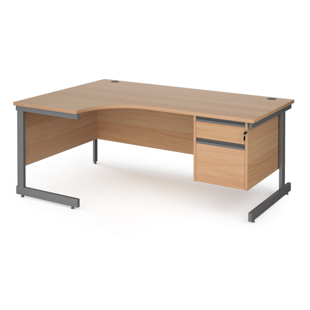 Picture of Contract 25 left hand ergonomic desk with 2 drawer pedestal and graphite cantilever leg 1800mm - beech top