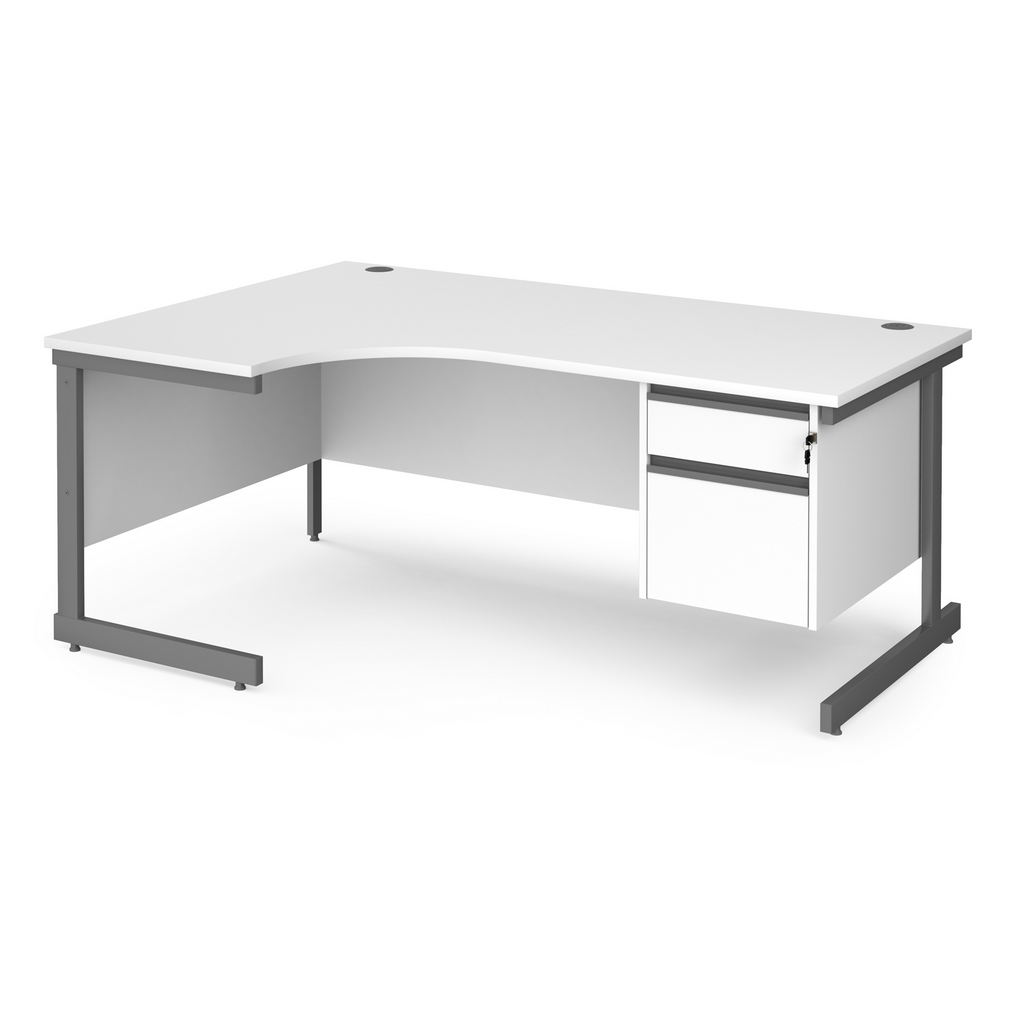 Picture of Contract 25 left hand ergonomic desk with 2 drawer pedestal and graphite cantilever leg 1800mm - white top