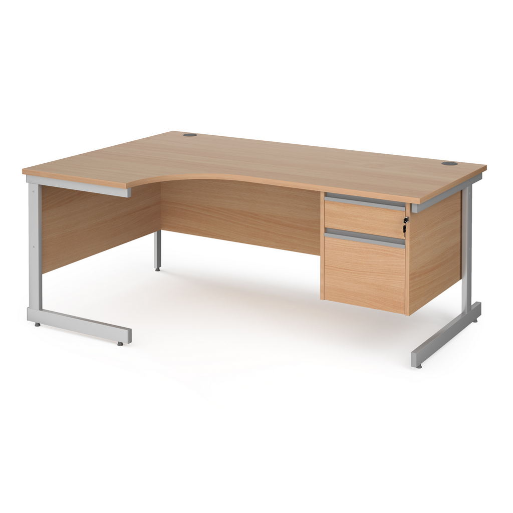 Picture of Contract 25 left hand ergonomic desk with 2 drawer pedestal and silver cantilever leg 1800mm - beech top