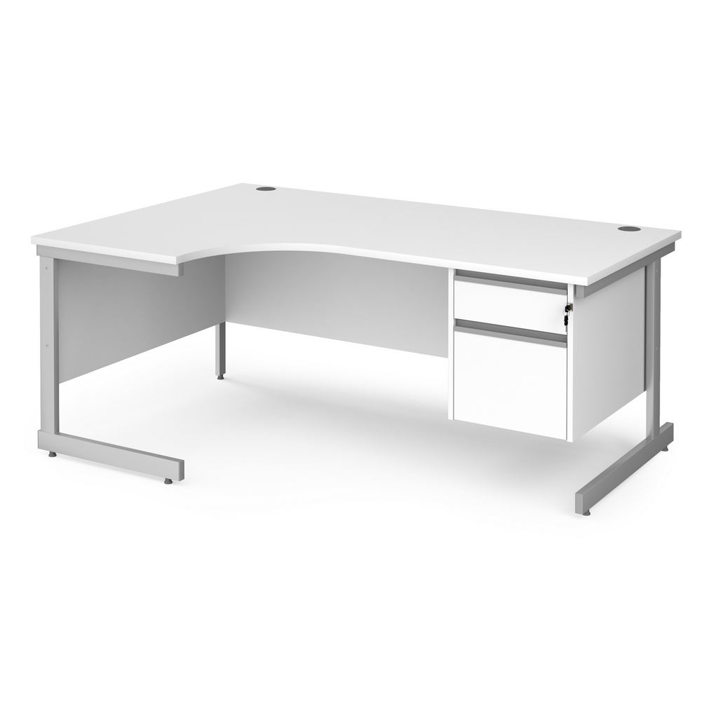 Picture of Contract 25 left hand ergonomic desk with 2 drawer pedestal and silver cantilever leg 1800mm - white top