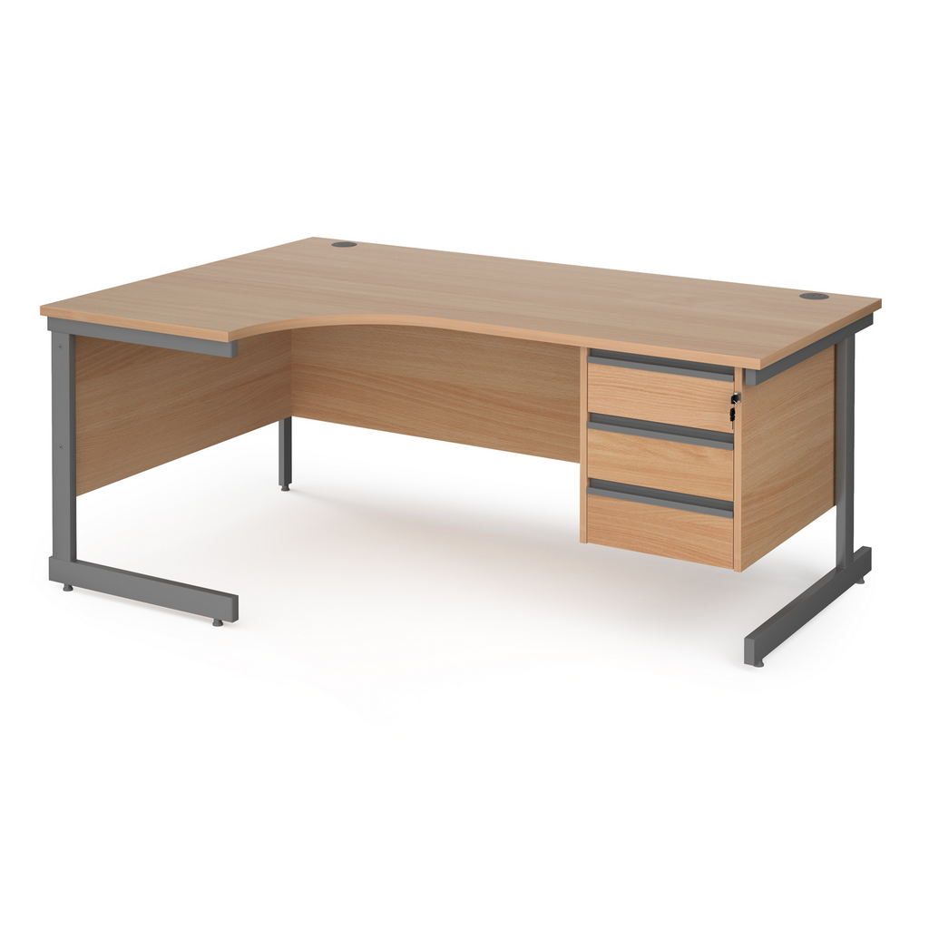 Picture of Contract 25 left hand ergonomic desk with 3 drawer pedestal and graphite cantilever leg 1800mm - beech top