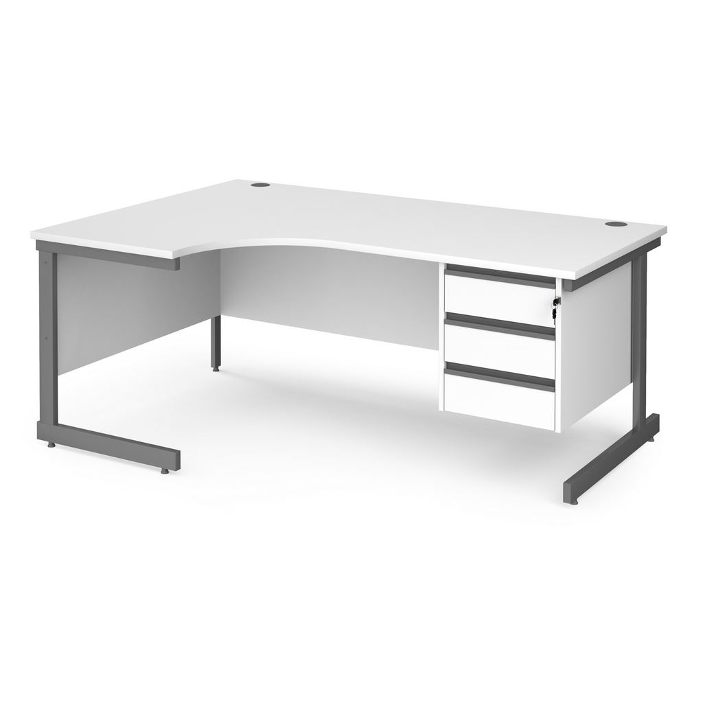 Picture of Contract 25 left hand ergonomic desk with 3 drawer pedestal and graphite cantilever leg 1800mm - white top