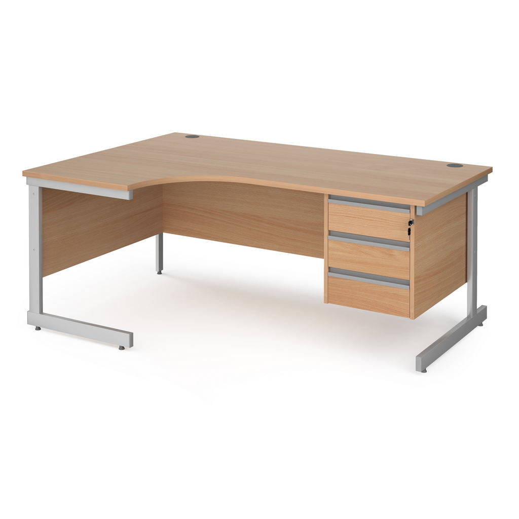 Picture of Contract 25 left hand ergonomic desk with 3 drawer pedestal and silver cantilever leg 1800mm - beech top