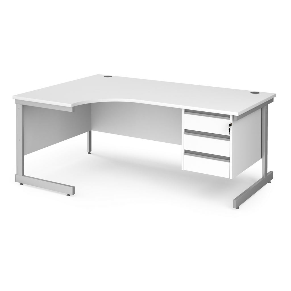 Picture of Contract 25 left hand ergonomic desk with 3 drawer pedestal and silver cantilever leg 1800mm - white top