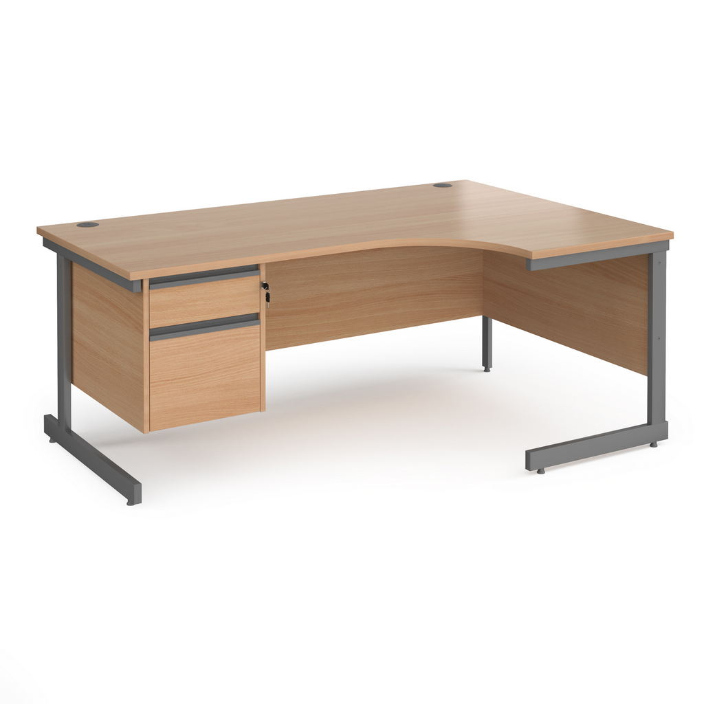 Picture of Contract 25 right hand ergonomic desk with 2 drawer pedestal and graphite cantilever leg 1800mm - beech top