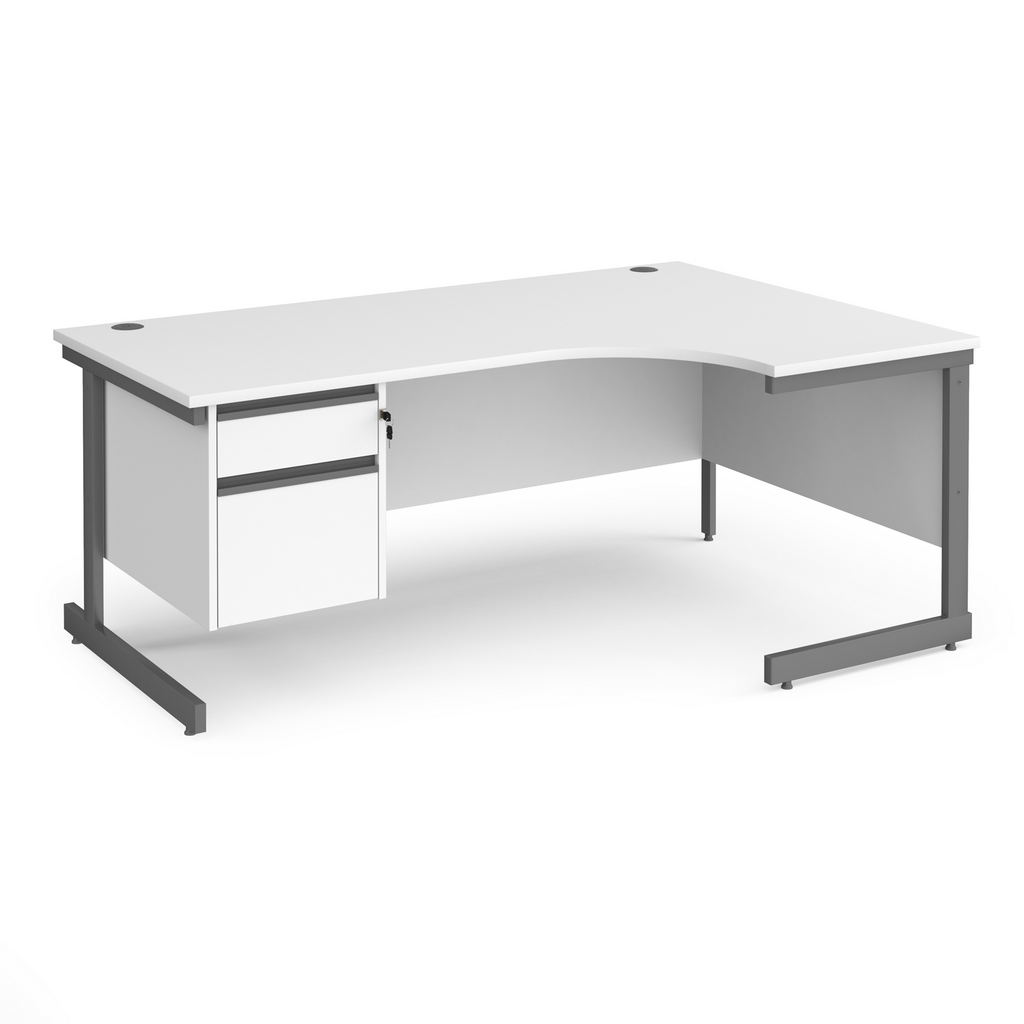 Picture of Contract 25 right hand ergonomic desk with 2 drawer pedestal and graphite cantilever leg 1800mm - white top