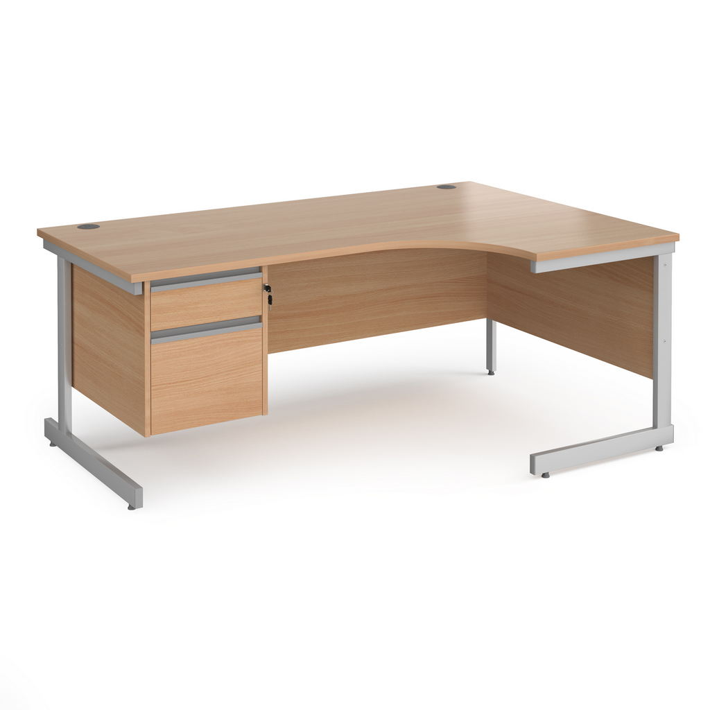 Picture of Contract 25 right hand ergonomic desk with 2 drawer pedestal and silver cantilever leg 1800mm - beech top