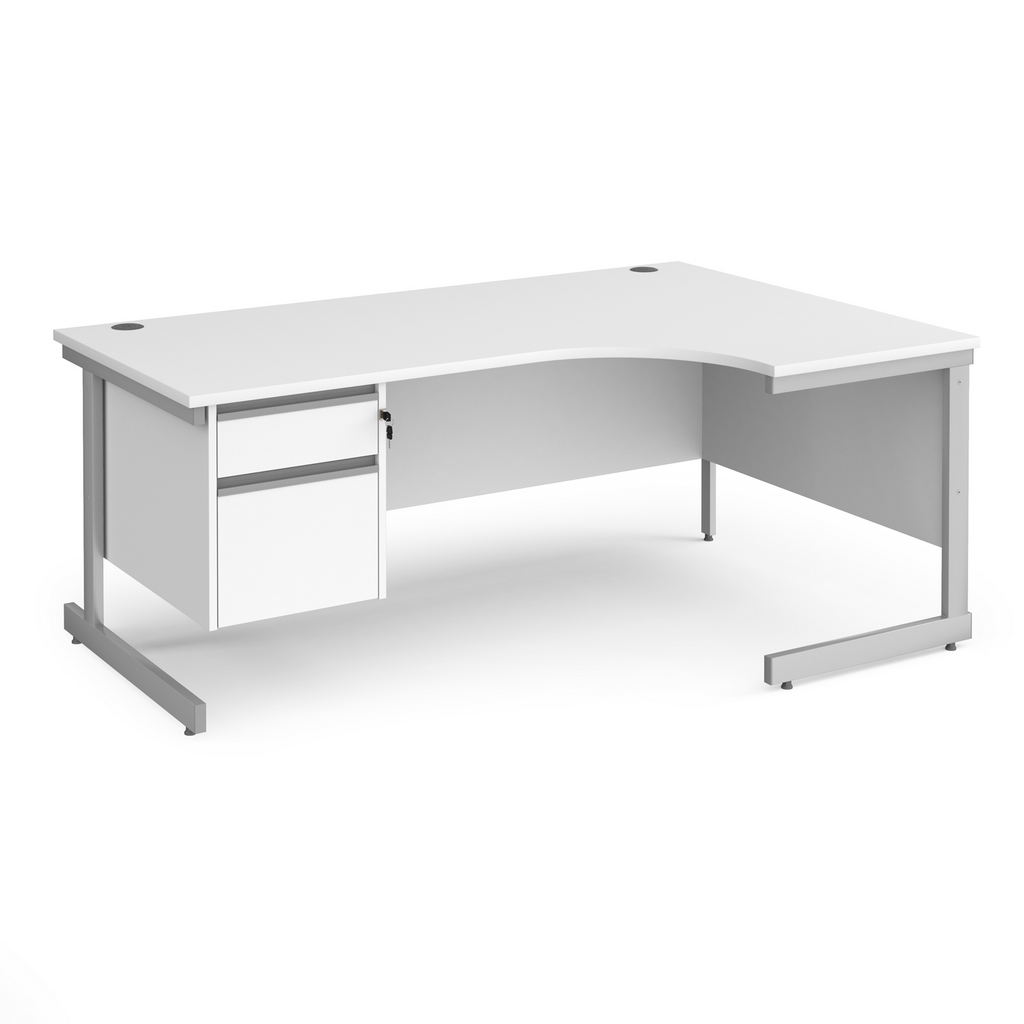 Picture of Contract 25 right hand ergonomic desk with 2 drawer pedestal and silver cantilever leg 1800mm - white top