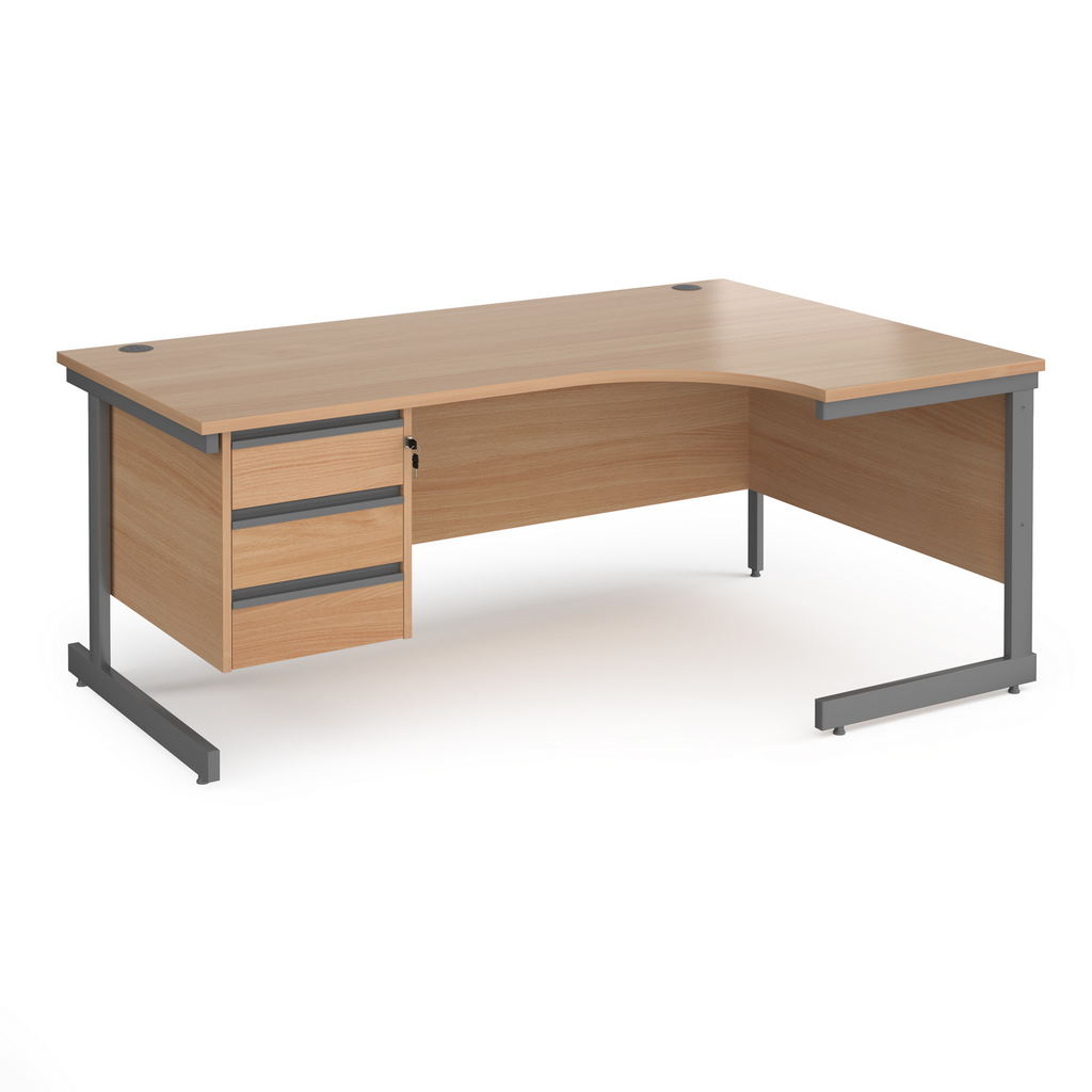 Picture of Contract 25 right hand ergonomic desk with 3 drawer pedestal and graphite cantilever leg 1800mm - beech top