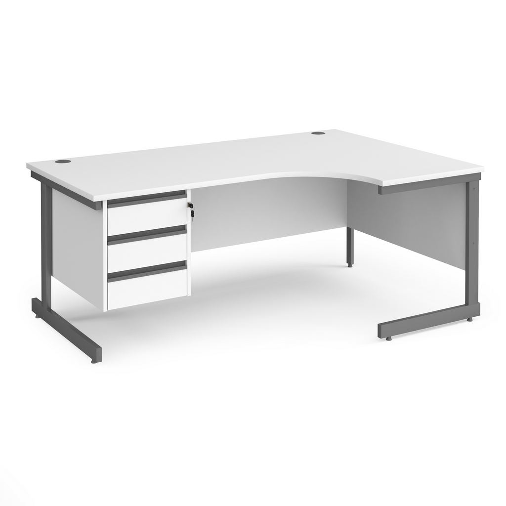 Picture of Contract 25 right hand ergonomic desk with 3 drawer pedestal and graphite cantilever leg 1800mm - white top