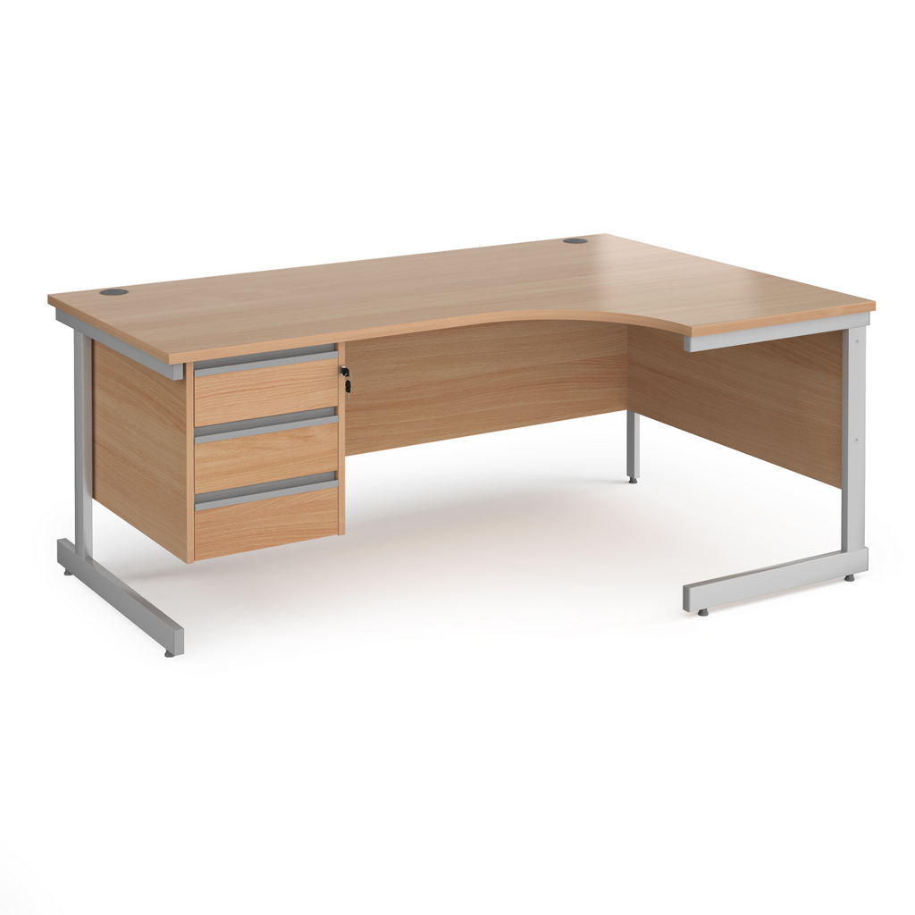 Picture of Contract 25 right hand ergonomic desk with 3 drawer pedestal and silver cantilever leg 1800mm - beech top