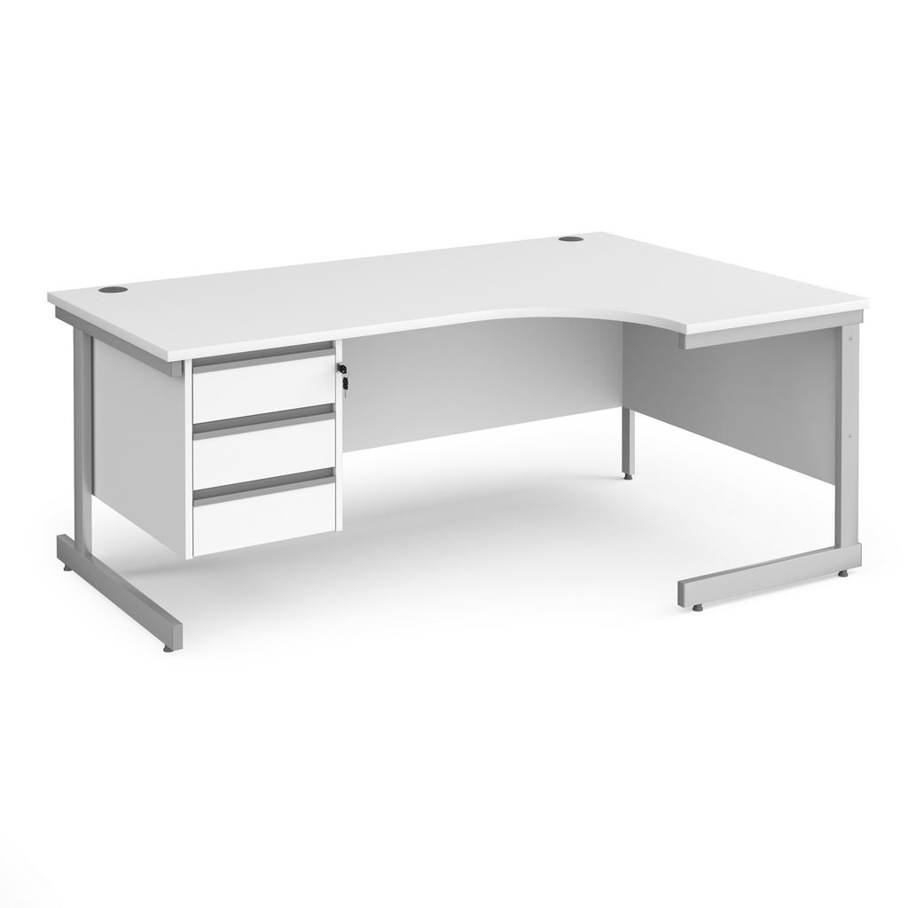 Picture of Contract 25 right hand ergonomic desk with 3 drawer pedestal and silver cantilever leg 1800mm - white top